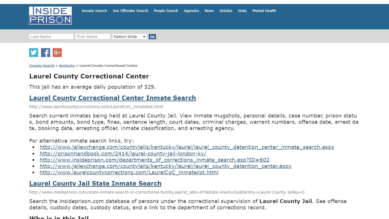 Laurel County Correctional Center - Kentucky - Inmate Search